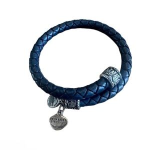 Alex and Ani Navy Braided Leather Wrap Bracelet with Silver Charms